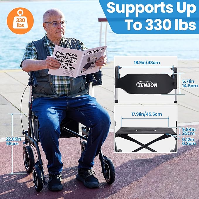 Rollator Walker for Seniors/Adults Foldable Rolling Walker with Seat 330 lbs Capacity 10 inch Wheels Hand Grips Adjustable Height Lightweight Aluminum Walker Removable Back Support 7210(Black)