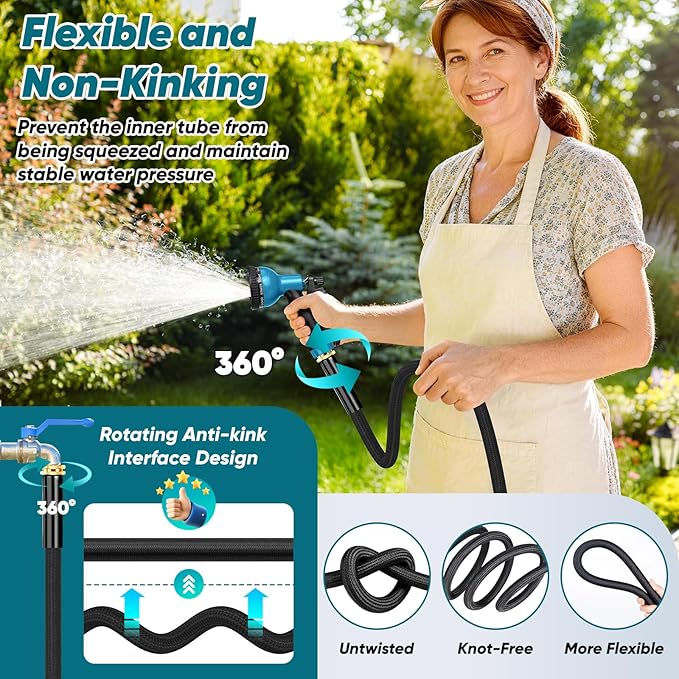 Garden Hose 100FT Non-Expanding, Lightweight Flexible Water Hose | Garden Hose With 10-Function Nozzle, Leak-Proof No-Knot, Easy to Carry, Wear-Resistant, Sturdy Water Hose for Outdoor Yard