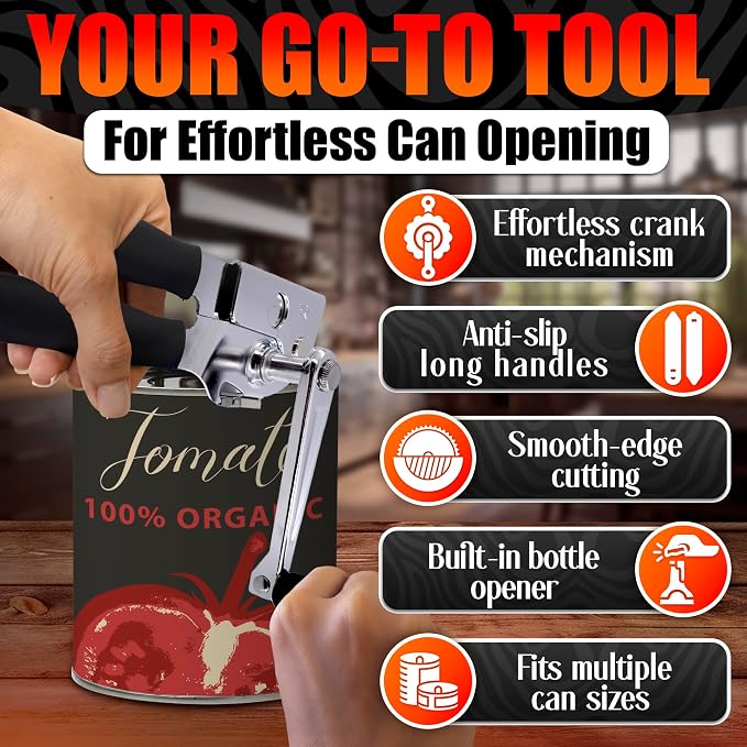 Heavy Duty Commercial Can Opener – Stainless Steel Can Opener for Large & Small Cans, Manual 360° Smooth Crank with Ergonomic Long Handles, Non-Slip Grip, 2-in-1 Bottle Opener for Restaurants & Home