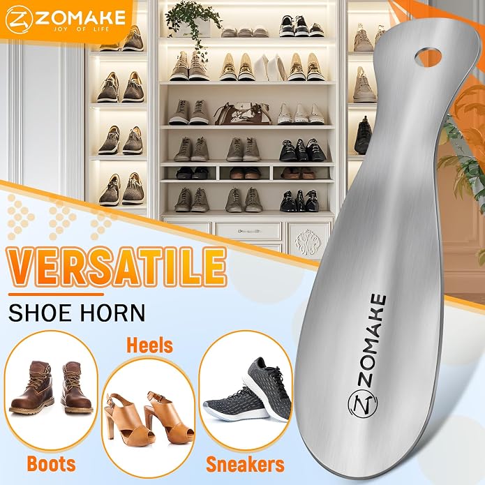 ZOMAKE Metal Shoe Horn, Small Travel Shoehorn for Men Women Kids 7.5''&3.9" | 3 Pack Stainless Steel Portable Shoe Spoon Helper, Compact Travel Size, Built-In Hang Hole, Smooth Rounded Curve, Shoe Care
