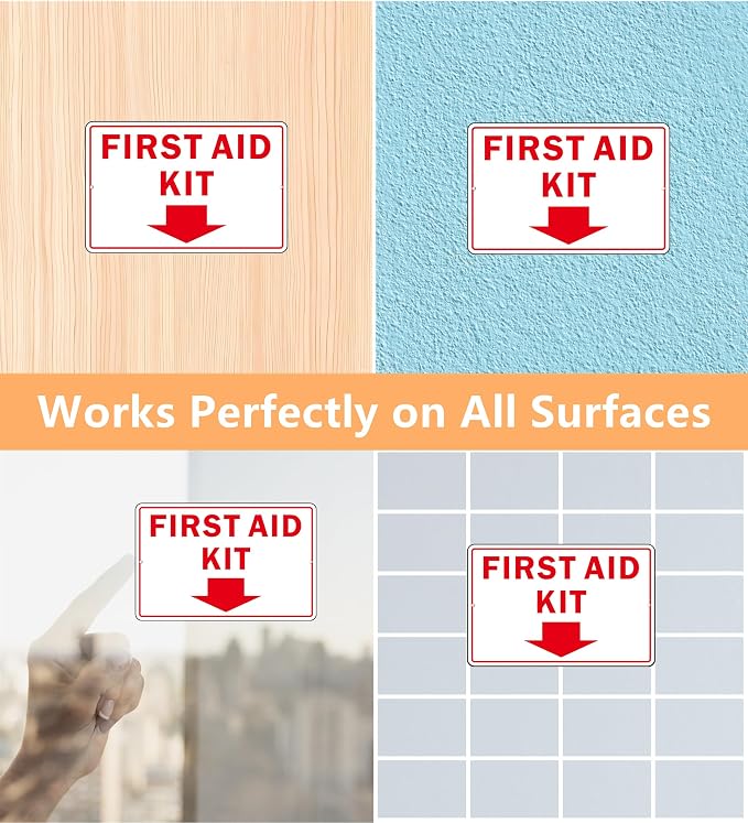 First Aid Sign, (2 Pack) Self Adhesive First Aid Kit Sign for Wall, Aluminum Metal Signs With 2 Pre-drilled Holes (9 x 6 inches, White/Red)