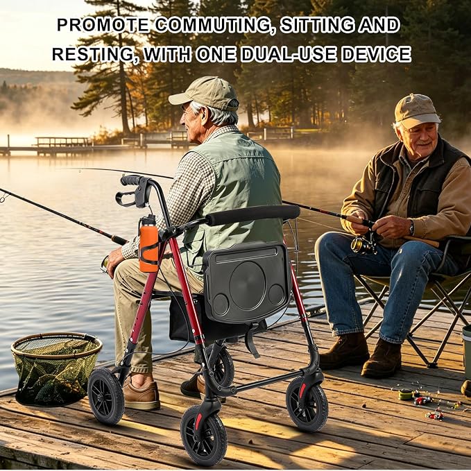 Foldable Rollator Walker for Seniors with Seat,4 Wheel Rolling Walkers | 300lbs walker with tray for Adults & Mobility Impaired|8" Airless Tires|Anti-tip brakes|Adjustable height|Tool-Free Assembly