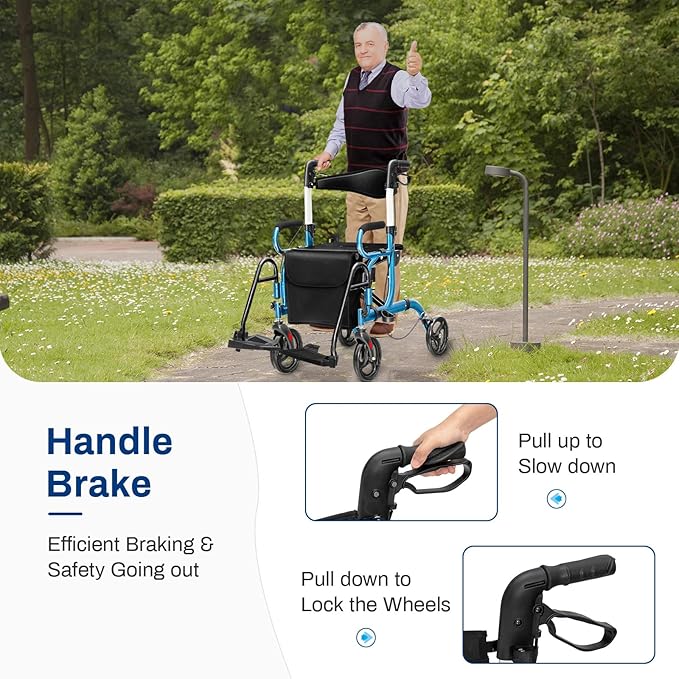 Goplus 2 in 1 Rollator Walker for Seniors, Medical Walker with Seat, Folding Transport Wheelchair Rollator with 8" Wheels, Reversible Backrest, Footrests, Aluminum Mobility Walking Aid (Blue)
