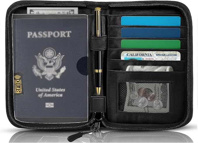 Passport Holder for Travel, RFID Blocking Wallet for Couples Men and Family | Multi-compartment organizer holds passports, cards, tickets, IDs and cash for women, couples and international family travel