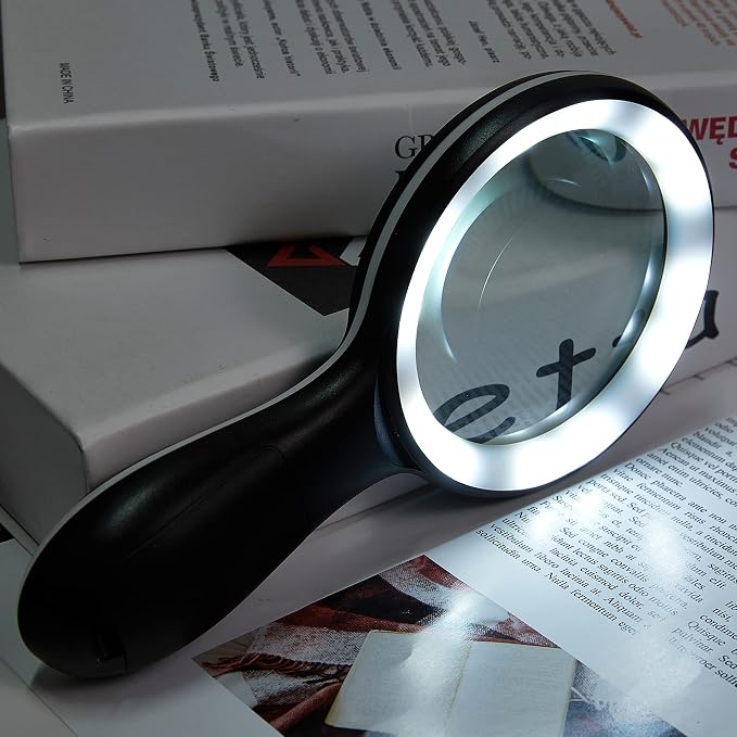 10X Lighted Large Handheld Reading Magnifier Glasses | 18 LED Lights for Macular Degeneration, Seniors & Kids Reading, Inspection, Coins, Jewelry, Exploring