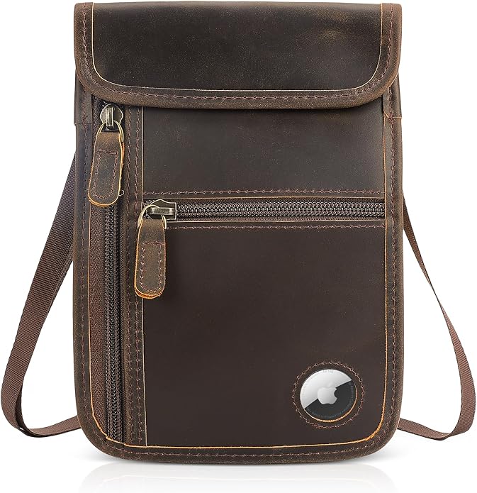 Polare Full Grain Leather Neck Wallet RFID Blocking Conceal Passport Holder Travel Pouch with AirTag Slot for Men