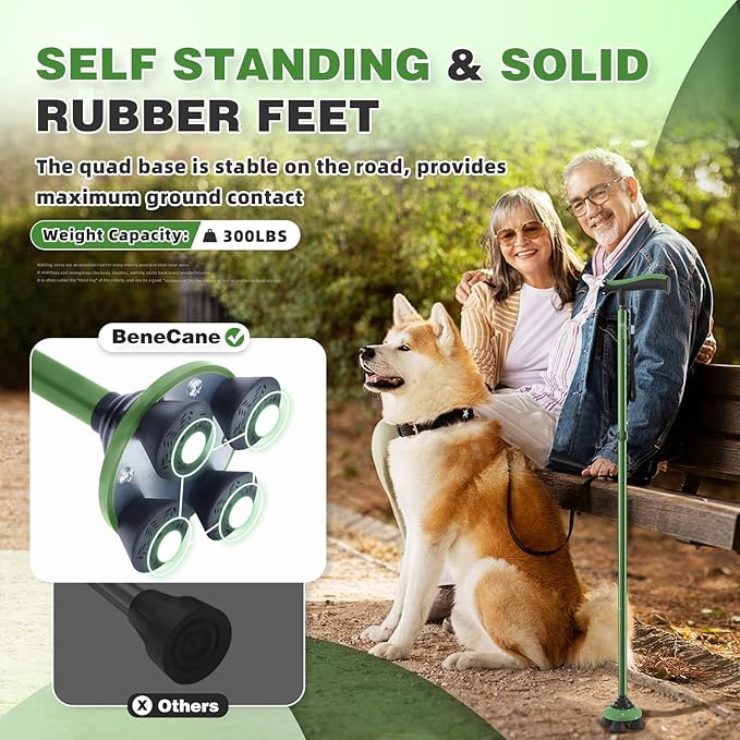 BeneCane Walking Cane for Men & Women Walking Stick for Seniors Folding Canes Quad Cane Adjustable Lightweight Sturdy Collapsible Heavy Duty with Soft TPR T-Handle and Travel Bag