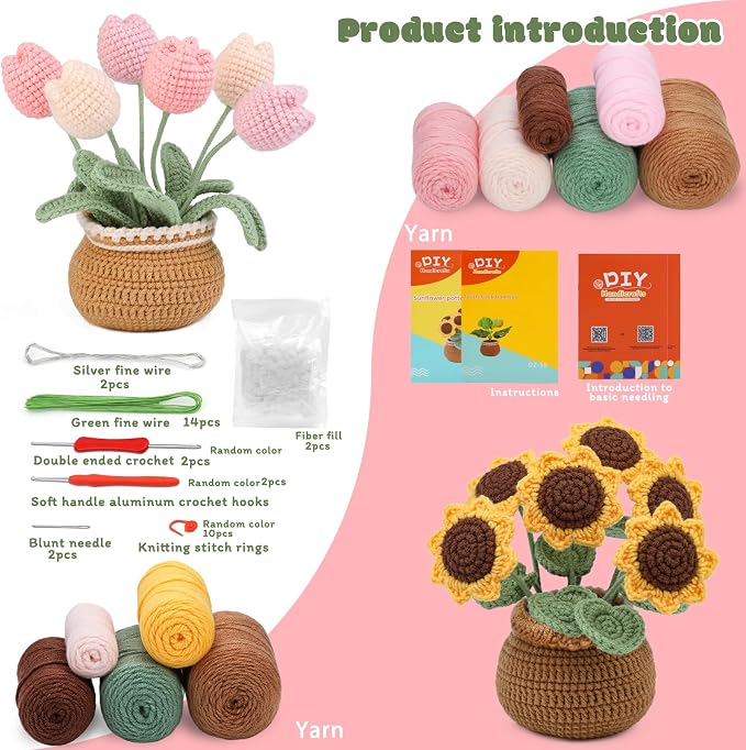 Crochet Kit, Tulip and Sunflower Crochet Kit for Beginners, Knitting Kit | Beginner Crochet Kit, Crochet Flower Kit with Step-By-Step Video Tutorials, Beginner Crochet Kit for Adults