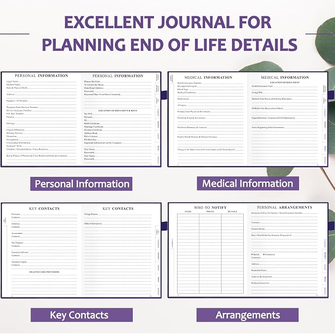 End of Life Planner, Guided Estate Planning Organizer with Tabs, Last Wish, Will Preparation, Funeral Planning, Final Arrangements Notebook for Beneficiary, in Case of Death Organizer 7.5"X9”-Purple