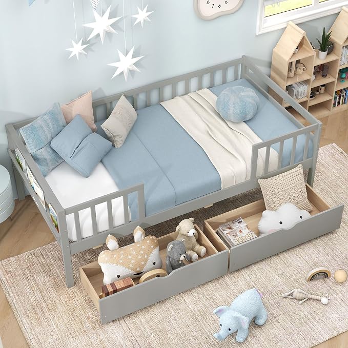 Giantex Twin Kids Bed with Storage Drawers, Wood Montessori Bed with Rails & Side Shelf, Low Daybed for Boys, Girls, No Box Spring Needed (Grey)