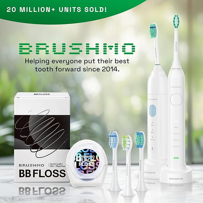 Brushmo Super Sonic Electric Toothbrush with 4 Replacement Heads - Rechargeable Electronic Tooth Brush for Adults with 5 Customizable Modes - IPX7 Waterproof & Long-Lasting Battery - White