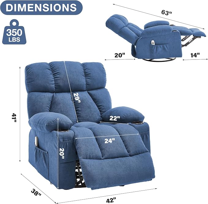 Oversized Massage Swivel Rocker Recliner Chair with Heat and Vibration Rocking Lounge Chair for Living Room Comfy Overstuffed Recliner with 4 Side Pockets,2 Cup Holders, USB Charge Port, Blue