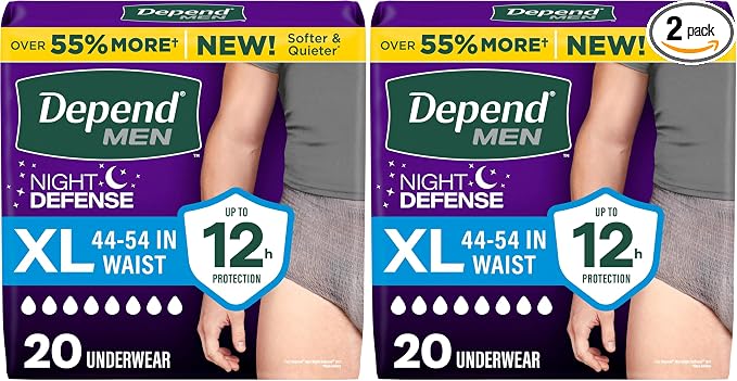 Depend Night Defense Adult Diapers, Incontinence Underwear for Men, Disposable, Overnight, Extra-Large, Grey, 20 Count, Packaging May Vary (Pack of 2)