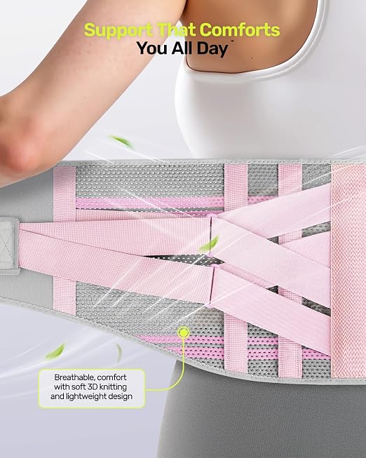 Rakiie Back Brace for Lower Back Pain Women with 9X Support System, Ergonomic Lumbar Support for Pain Relief, Breathable Mesh Design with 3D Silicone Pad for Sciatica, Pink Size XL (Waist: 39.4" – 47.6")