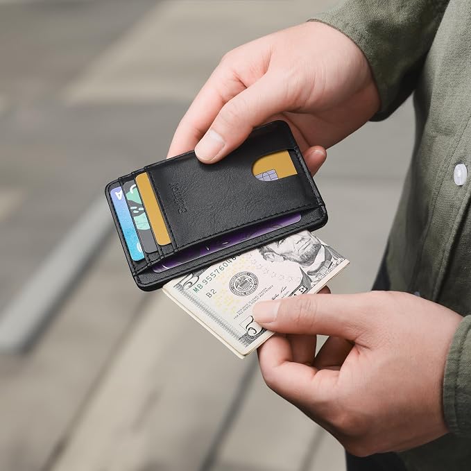 Buffway Slim Minimalist Front Pocket RFID Blocking Leather Wallets for Men and Women - Slate Black | Slim