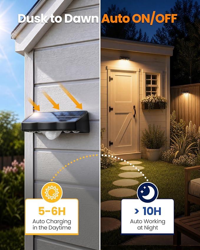 VOLISUN Motion Sensor Solar Fence Lights Outdoor 12 Pack, IP65 Waterproof, 3 Modes (High/Low/Steady-On) Dusk to Dawn Backyard Lights, 3000K Warm White Motion Sensor Outdoor Lights for Garden Yard Deck