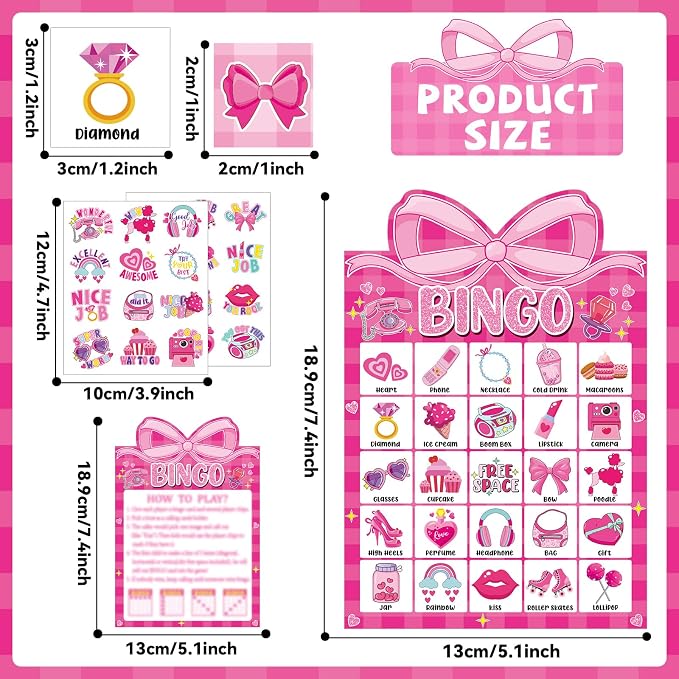 39 Pcs Pink Bow Party Bingo Game for Adults Kids 24 Players Pink Girls Party Bingo Game Cards with Reward Stickers for Family Friends Large Group Gathering Bachelorette Princess Doll Party Favors