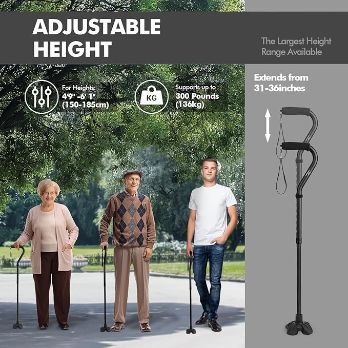 KINGGEAR F1 Walking Stick, Walking Cane for Women & Men with Wrist Strap, Lightweight & Sturdy Offset EVA Handle, Large Quad Base, Self Standing for Seniors and People with Injuries & Recovery