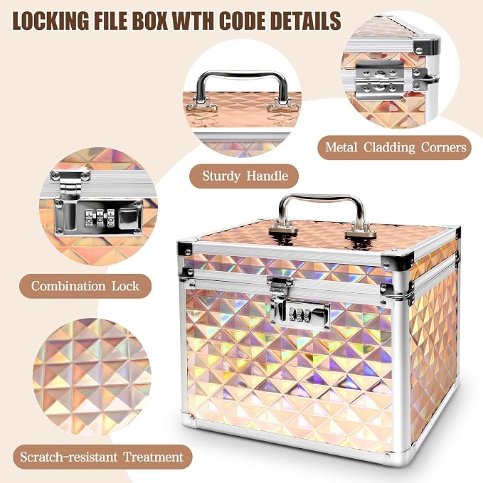 Medication Combination Lock Boxes with Code for Personal Items, Medicine Lockbox for Documents 10 x 7.25 x 7.75 Inches Plaid Gold