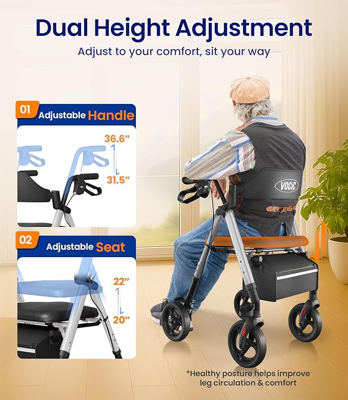 VOCIC Walkers for Seniors, Z21 Rollator Walker with Seat Supports 350lb, 8" Big Wheels for All Terrain, Ergonomic Arc Seat & 6" Ultra Backrest Foldable Walker, Dual Height Adjustment, Lightweight 2025