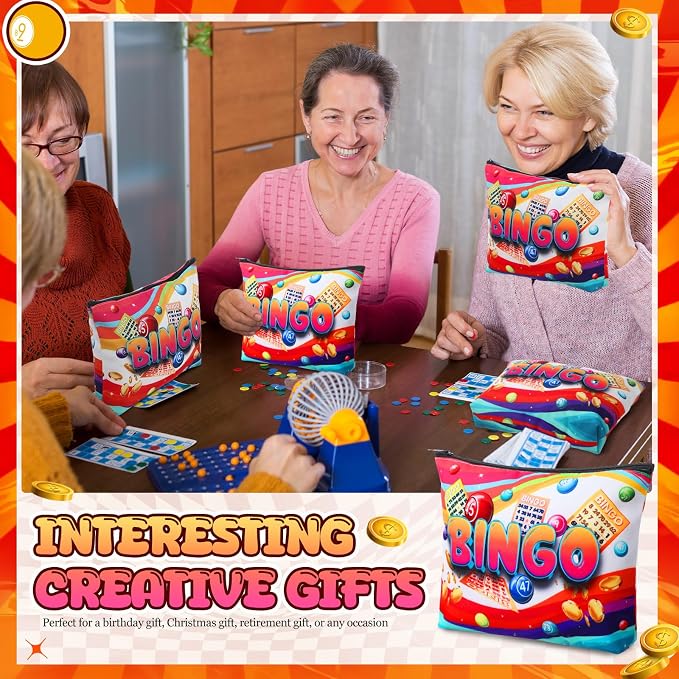 12 Pcs Bingo Gifts Makeup Bags Bingo Game Lover Gifts Travel Zipper Pouch for Seniors Mom Grandma Women Players