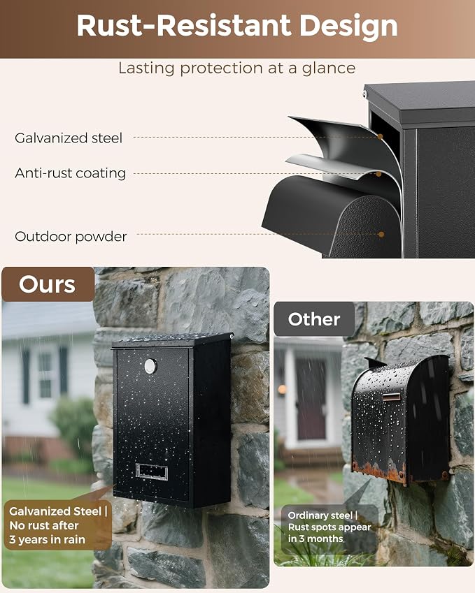 LAND·VOI Locking Wall-Mount Mailbox for Outside, with 4 Keys, Galvanized Steel Rustproof Metal Postbox, 3.1" Dx7.5 Wx10.8 H, Includes 3 Sets of Mailbox Numbers, Nameplate, Black, AMB32B