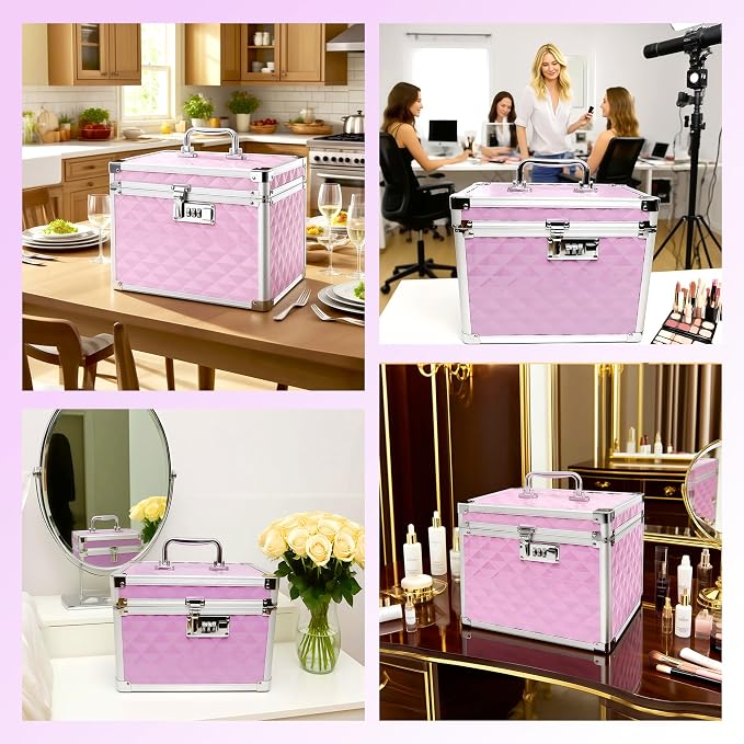 Medication Combination Lock Boxes with Code for Personal Items, Medicine Lockbox for Documents 10 x 7.25 x 7.75 Inches Plaid Pink