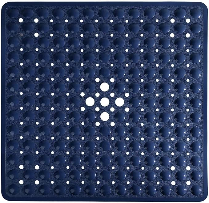 Yimobra Shower Stall Mat Non Slip, 21x21 Inch, Soft Square Bath Mat for Shower with Suction Cups and Drain Holes, Stall Floor Mats for Bathroom, Machine Washable, Bathroom Accessories,Navy Blue