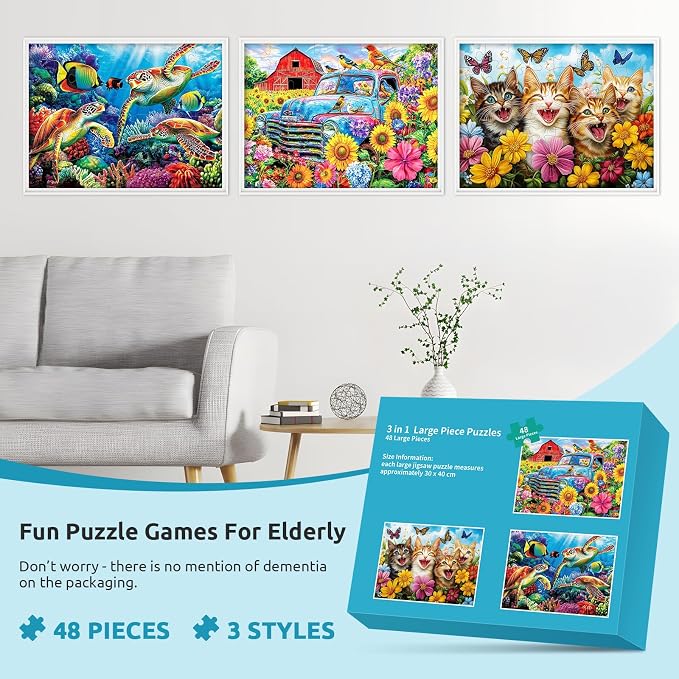 3 Packs 48 Large Piece Puzzle for Seniors,Dementia Alzheimer's Products Activities for Elderly Adults,Alzheimer’s Puzzle Memory Cognitive Games Easy Jigsaw Puzzle Gifts（Cats）