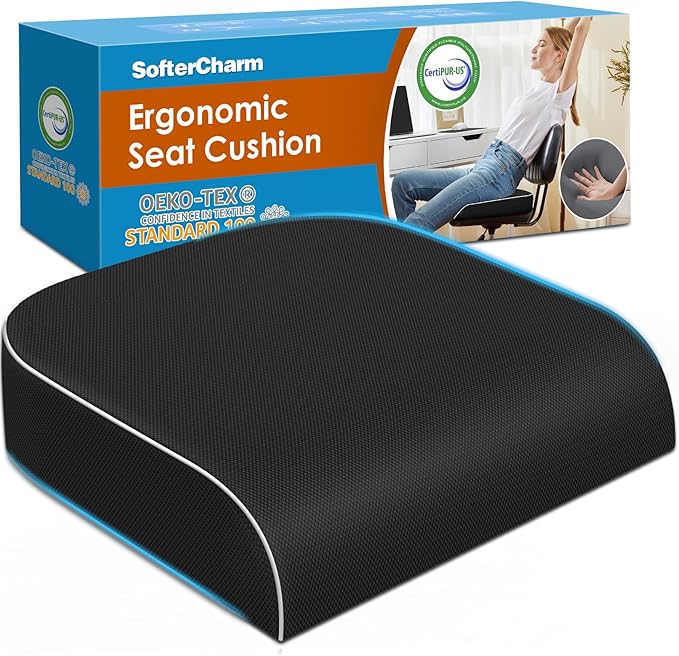 Seat Cushion, Memory Foam Office Chair Cushion, Black, Large | Office Desk Accessories, Butt Pillow for Long Sitting Sciatica, Coccyx, Tailbone, Hip Pain Relief - for Home, Car, Airplane