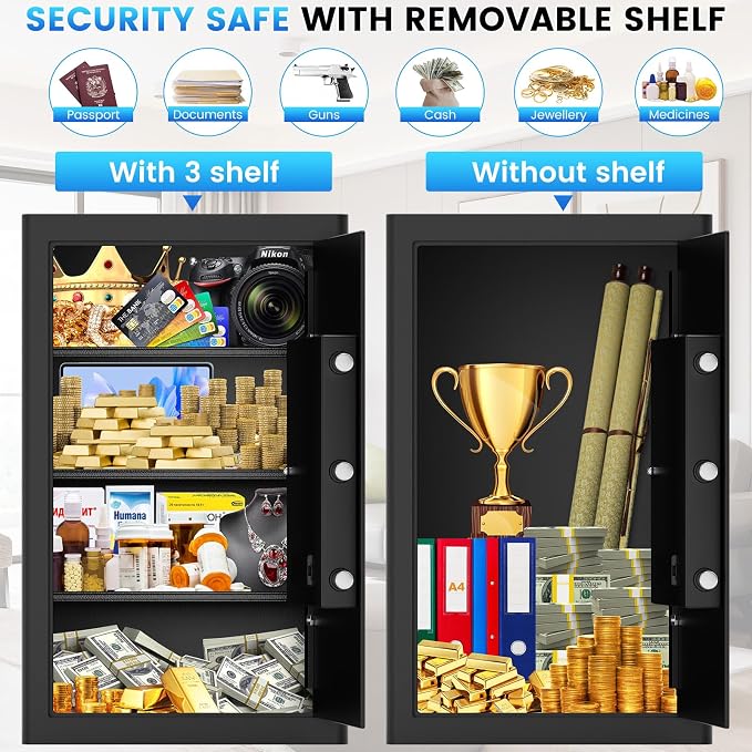 27.56"H Steel Safe Box, 6.0 Cuft Home Safes with Fireproof Waterproof Bag, Digital Security Safes with Programmable Keypad Keys, Smart Alert, Mute Mode, Anti-theft Safety Box for Documents Valuables