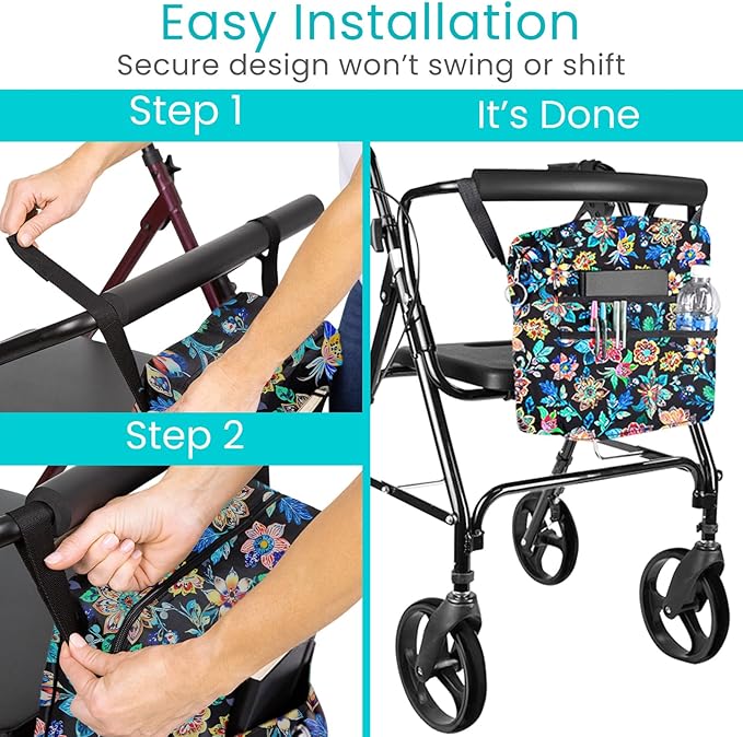 Vive Wheelchair Bag - Machine Washable, Double-Stitched, Water-Resistant Accessory Backpack for Rollators, Wheel Chairs, Walkers - Pouch with XL Pockets & Straps for Quick Installation (Black Floral)