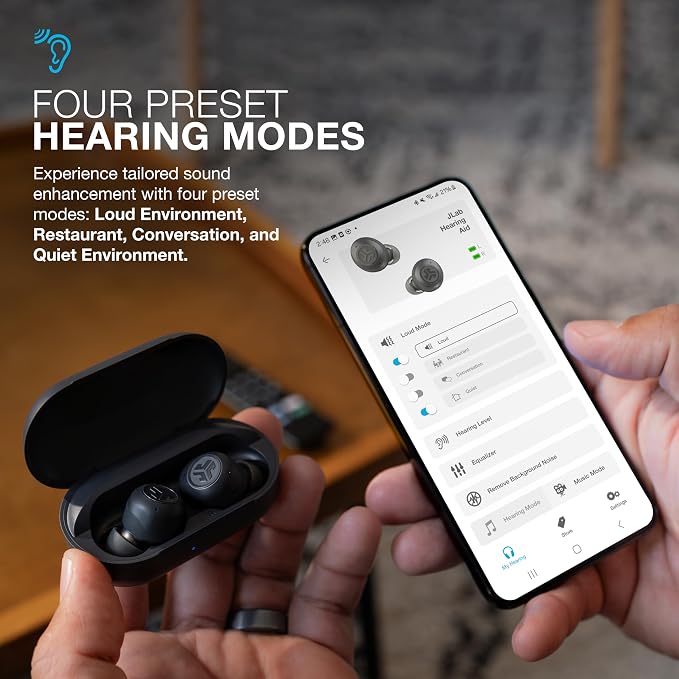 JLab, Hear, OTC Hearing Aid & Earbuds, Bluetooth, True Wireless, in-Ear Detection, Feedback Suppression, Cloud White