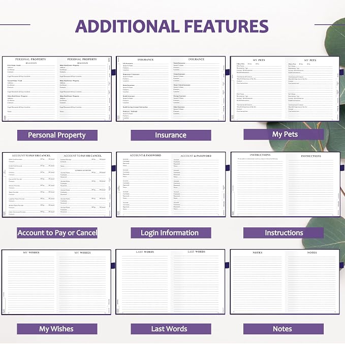 End of Life Planner, Guided Estate Planning Organizer with Tabs, Last Wish, Will Preparation, Funeral Planning, Final Arrangements Notebook for Beneficiary, in Case of Death Organizer 7.5"X9”-Purple