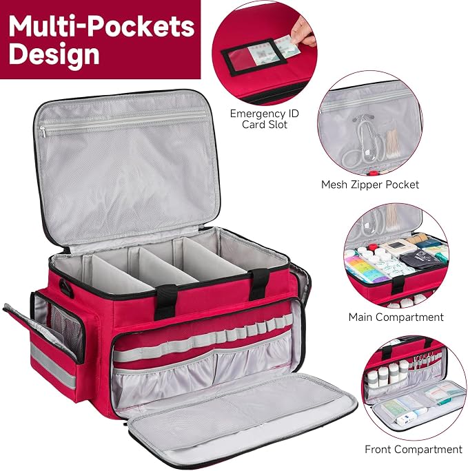 Medical Bag, Medical Equipment Case Empty, Large Home Health Nurse Bag with Shoulder Strap, Medication First Aid Organizer for Therapist, Doctors, Nursing Students (Red)