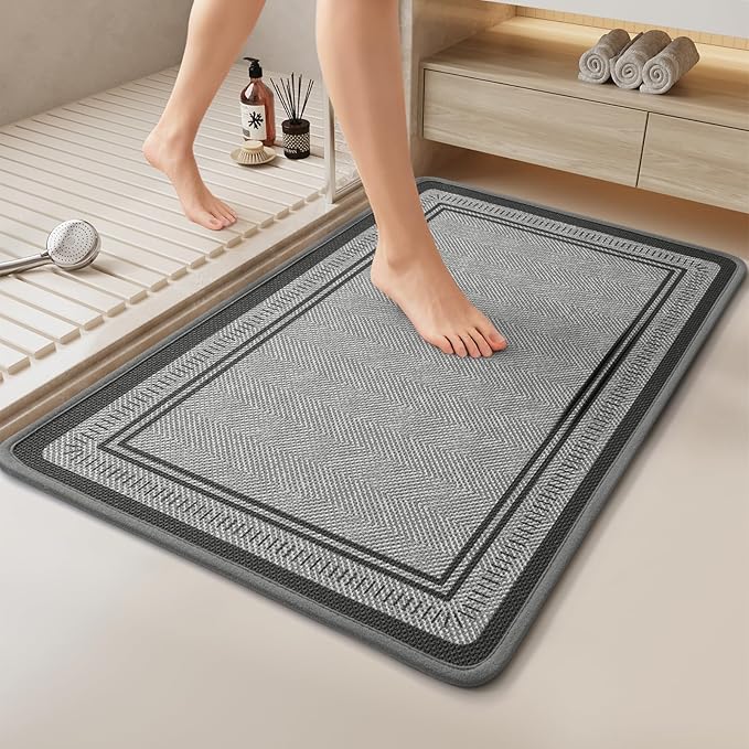 24"×35" Non Slip Bath Mat with Rubber Backing, Absorbent Quick Dry Bath Mats Washable, Low Pile Bathroom Rugs Fit Under Door for Bathroom Floor, Shower and Sink, Grey