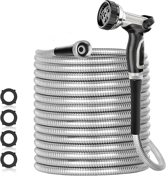 SPECILITE 200ft 304 Stainless Steel Metal Garden Hose with Nozzle | Puncture Resistant, Flexible, Never Kink & Tangle, Heavy Duty Water Pipe for Yard, Outdoor, Lawn