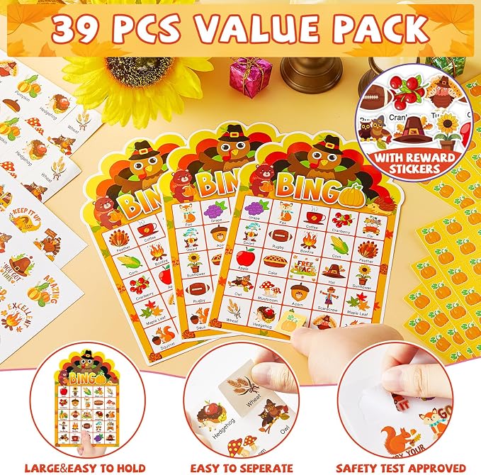 39 Pcs Thanksgiving Party Bingo Game for Adults Kids 24 Players Turkey Shaped Bingo Game Cards with Reward Stickers for Family Friends Students Large Group Activities Fall Autumn Festival Party Favors