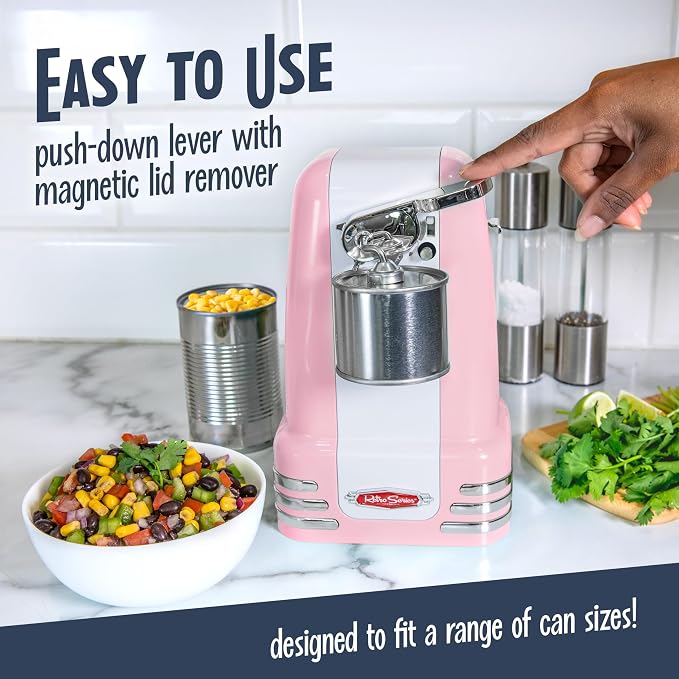 Nostalgia Retro Electric Can Opener for Kitchen with Magnetic Lid Remover, Knife Sharpener, and Soda or Beer Bottle Opener, Pink