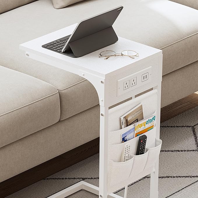 TUTOTAK C Shaped End Table with Charging Station, Side Table for Sofa | Couch Table with Storage Bag, TV Tray with 2 USB Ports and Outlets, Set of 2, Living Room and Bedroom, White TB01BW0242
