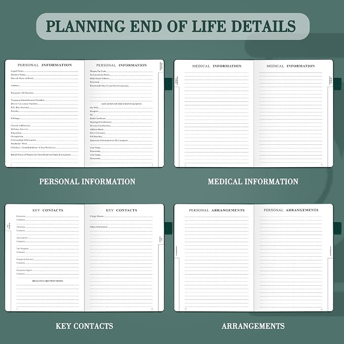 End of Life Planner, Estate Planning Organizer, Death Planner with Labels, Just in Case I Die Book Organizer, Will Preparation, Funeral Planning, Final Arrangements Notebook (5.6 * 8.5”)-Dark Green