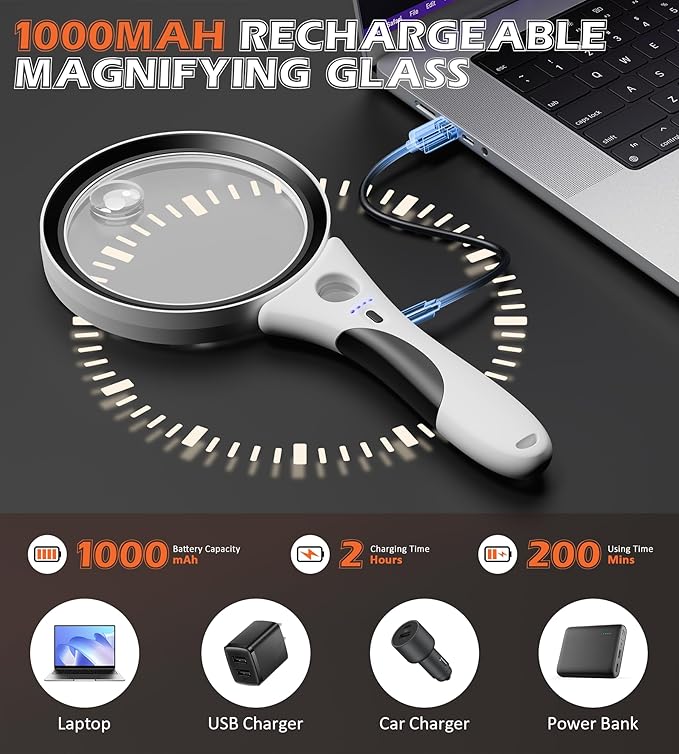 Rechargeable Magnifying Glass with Light - Recant Illuminated Magnifier Handheld Lighted Magnifying Glasses with 18LED Cold & Warm Light 3 Modes for Seniors Reading Close Work