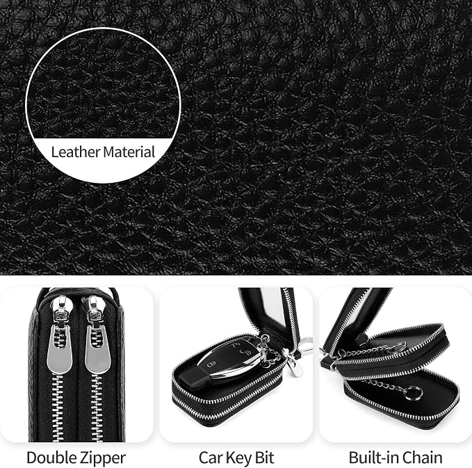 SENDEFN Car Key Fob Case Double Zipper Leather Smart Remote Keychain Protector Holder with Transparent Window