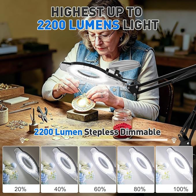 KIRKAS 12X LED Magnifying Lamp with Clamp, 2,200 Lumens Dimmable Bright | 28in Adjust Swivel Arm Magnifying Glass with Light for Repair Reading Craft Needlework Hobby Workbench Magnifier Dust Cover