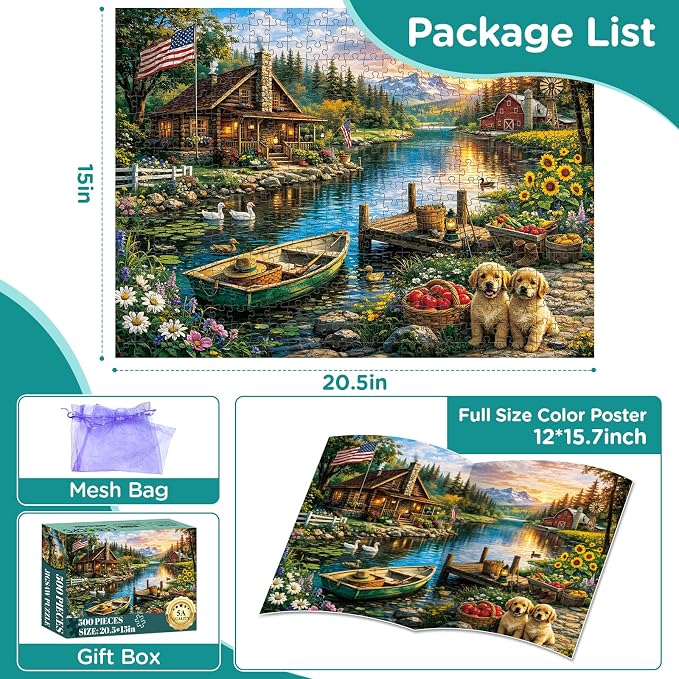 500 Piece Puzzles for Adults, Lake Mountains Cabin Jigsaw Puzzles 500 Piece | Classic Countryside Nature Puzzles for Adults 500 Pieces, Puppy Animal Pet Jigsaw Puzzle for Adult Seniors, Toy Game Gift