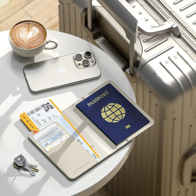 Satechi Passport Holder with Find My Tracking, 4-Slot Card Wallet, Sand | 4-slot card wallet, wireless charging, RFID protection, vegan leather