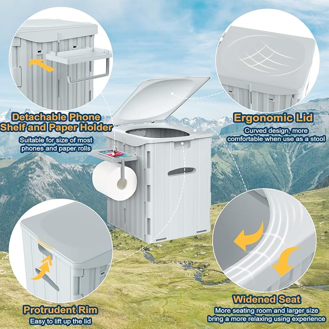 XL Portable Toilet for Adults Extra Large, 15.4"H Foldable Camping Toilet with Detachable Phone Shelf and Toilet Paper Holder, Waterproof Porta Potty with Lid for Camping, Long Road Trips, Car, Gray