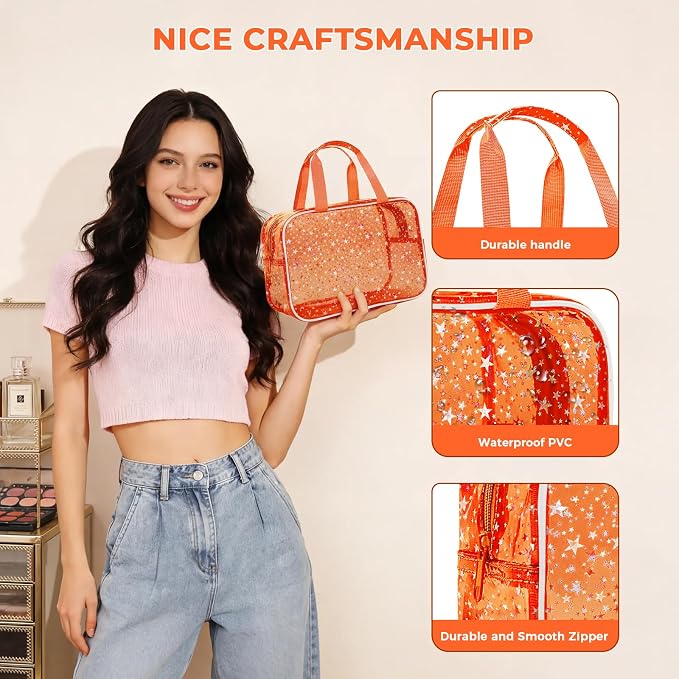 Clear Orange Star Large Makeup Bag with Star Pattern 12x5x8 inch, Travel Cosmetic Bag with Handle, Durable PVC Material Washbag Zipper Opening Design for Makeup Travel Organizer or Gym Use