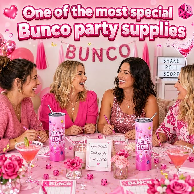 Geiserailie 2 Pack Bunco Party Supplies Stainless Steel Tumbler 20oz Bunco Game Lets Roll Dice Cups Reusable Insulated Cup with Lid and Straws for Players Bachelorette Buncos Game Night Party Gifts