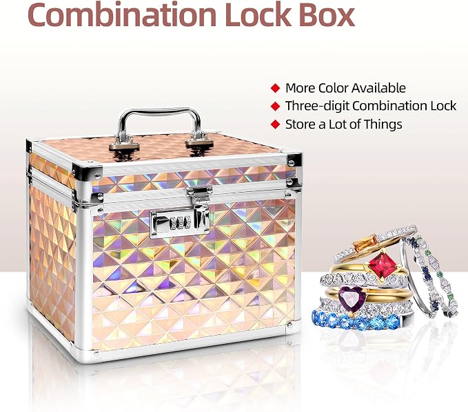 Medication Combination Lock Boxes with Code for Personal Items, Medicine Lockbox for Documents 10 x 7.25 x 7.75 Inches Plaid Gold